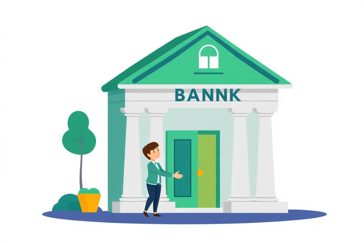 Cartoonillustratie van een bankgebouw die Florius verbeeldt