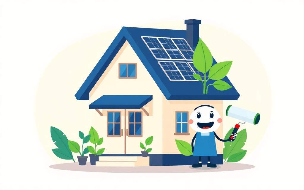 Cartoonillustratie van een verduurzaamd huis met zonnepanelen