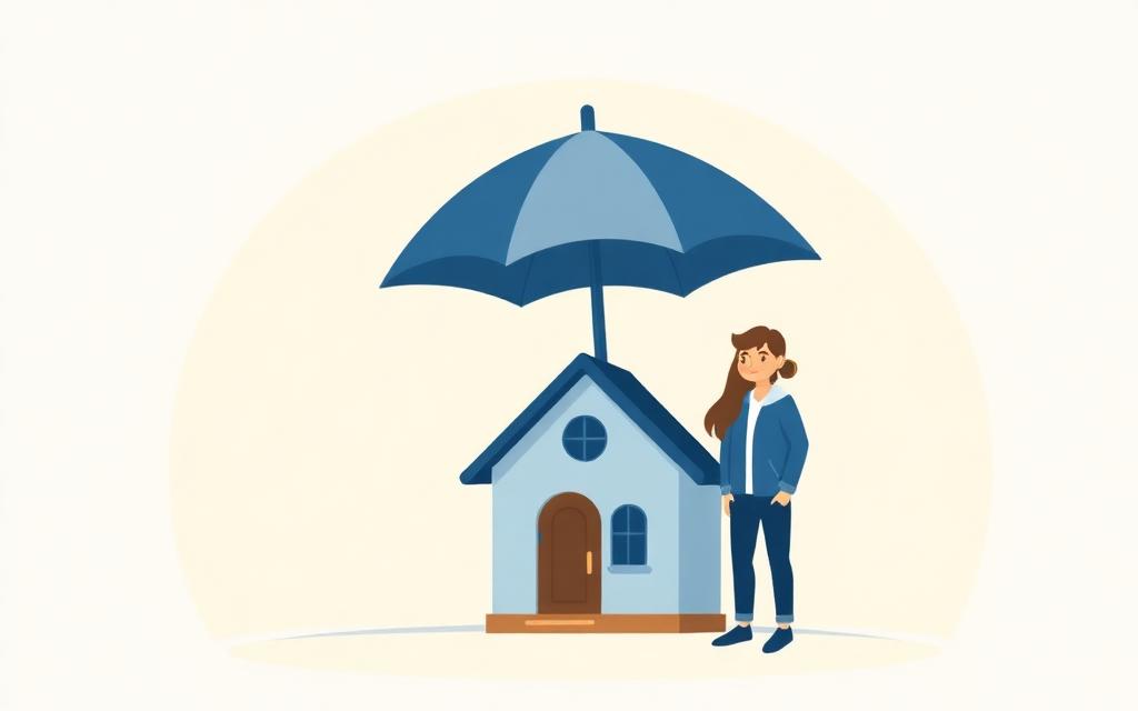 Cartoonillustratie van een huis onder een beschermende paraplu