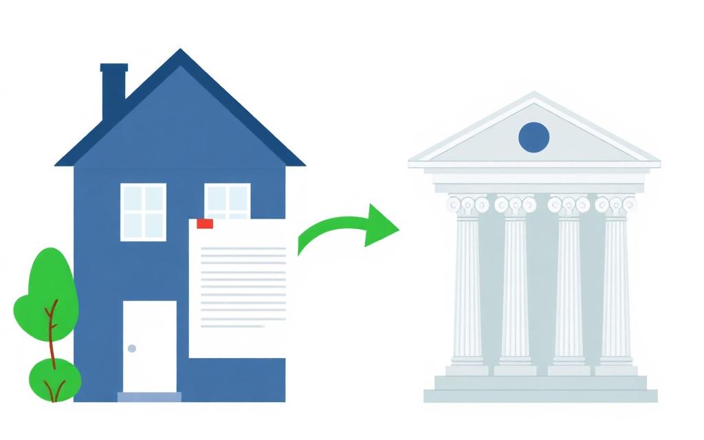 Cartoonillustratie van een woning met een pijl naar een bankgebouw