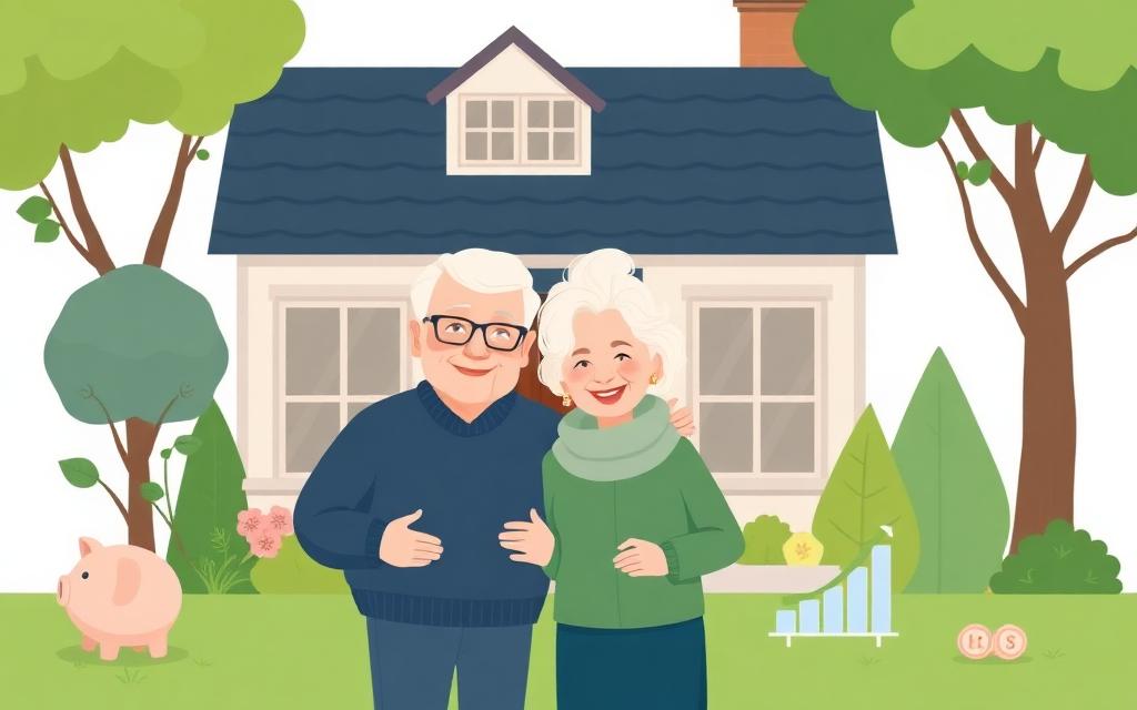 Cartoonillustratie van een ouder stel voor hun woning