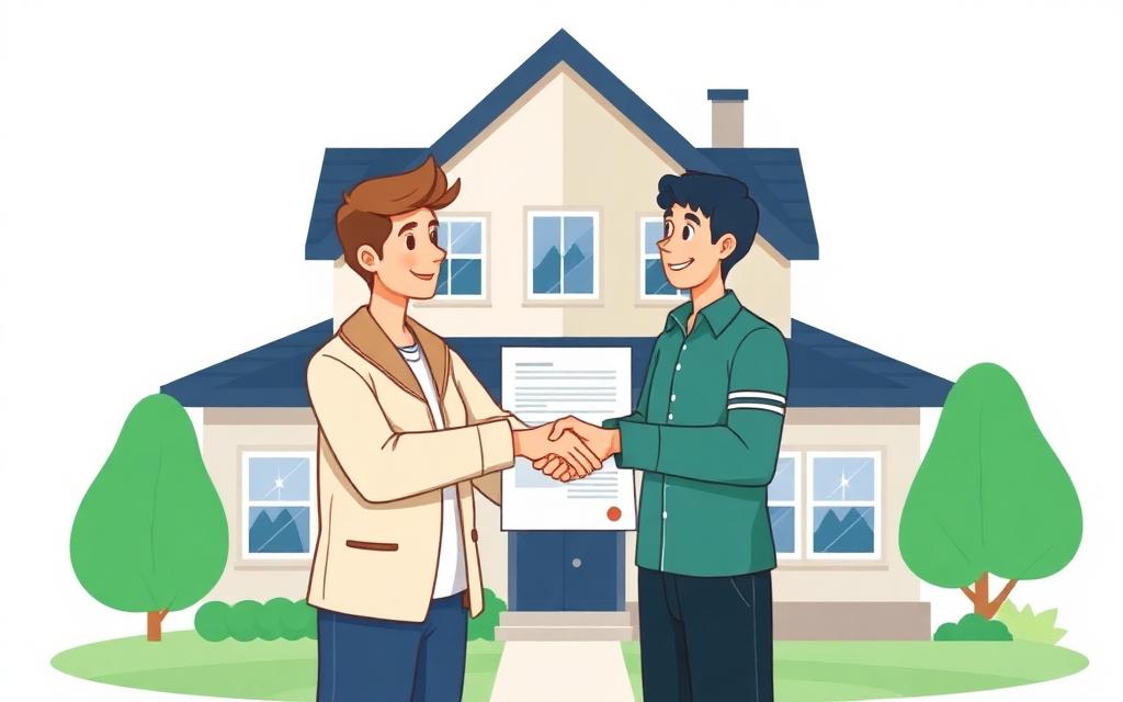 Cartoonillustratie van twee mensen die elkaar de hand schudden voor een woning