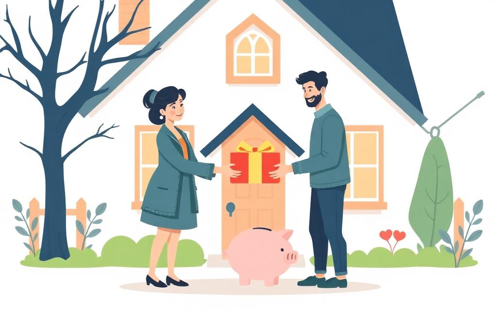Cartoonillustratie van ouders die een cadeau met munten aan een jong stel geven