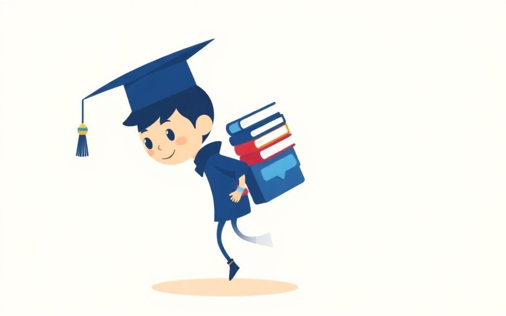 Cartoonillustratie van een student met boeken en een spaarvarken